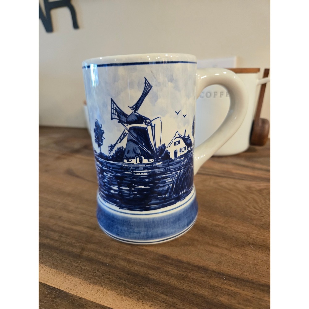 Delft Blauw Handpainted Windmill Mug Made in Holland Blue White Ceramic Stein
